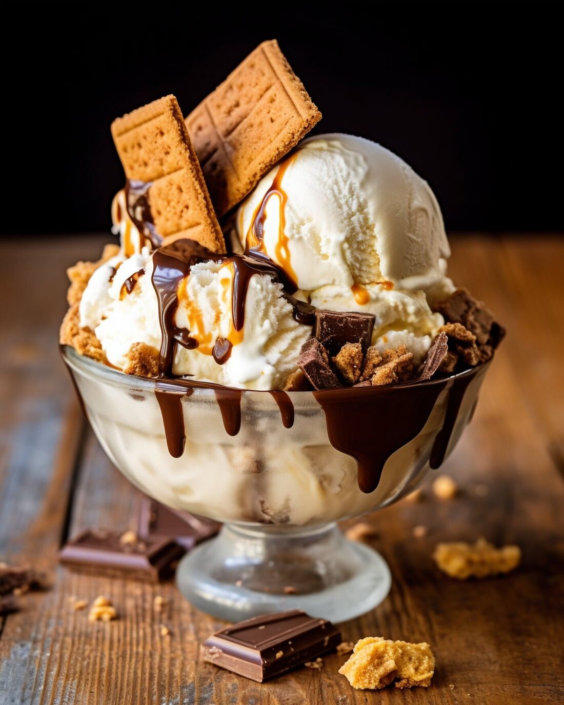 Eiscafé Brackenheim, La Terrazza: Eisbecher mit Vanilleeis, Schokosauce und Karamell