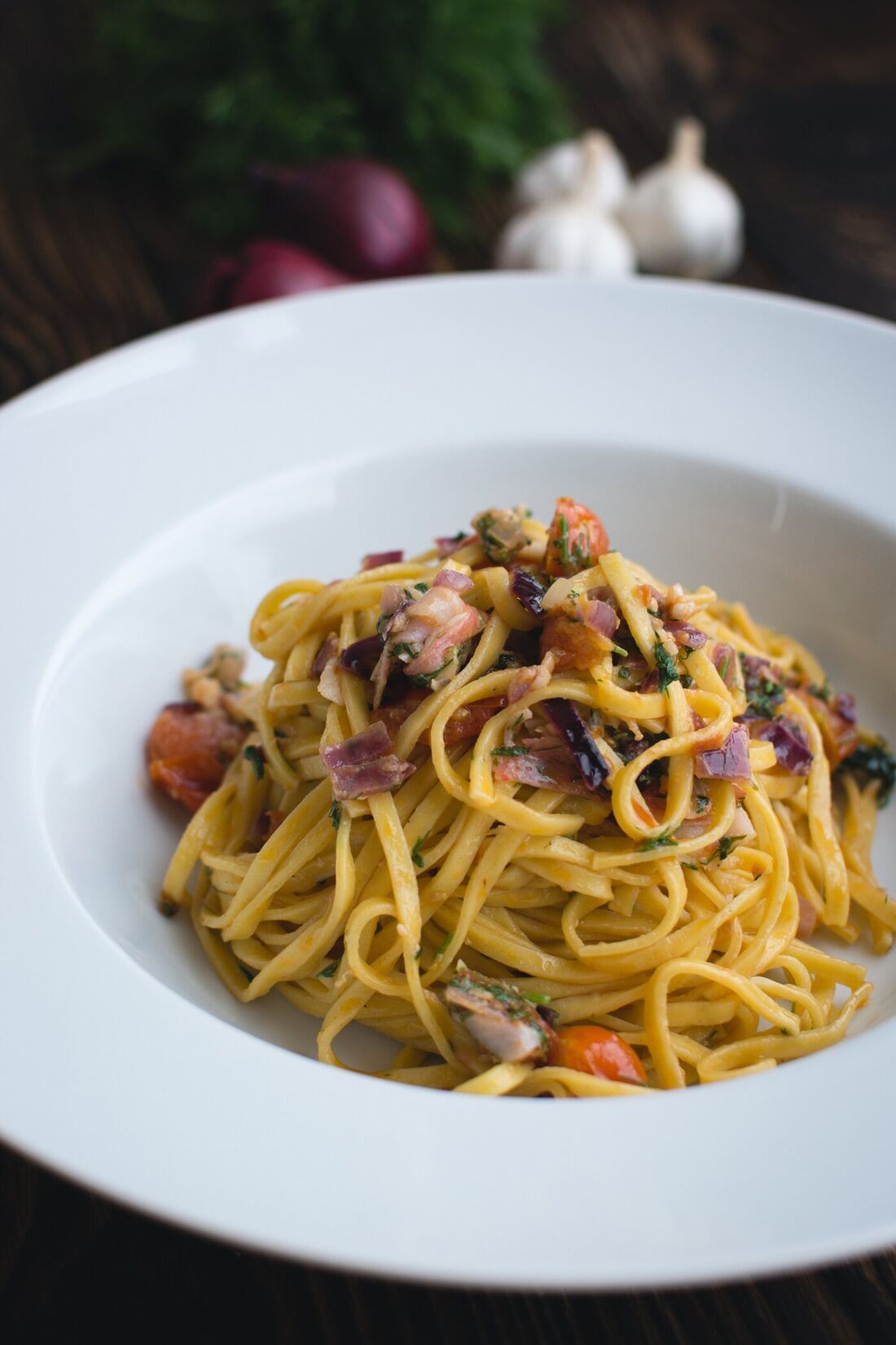 Italiener Brackenheim, La Terrazza: Linguine mit Garnelen, Tomaten und roten Zwiebeln