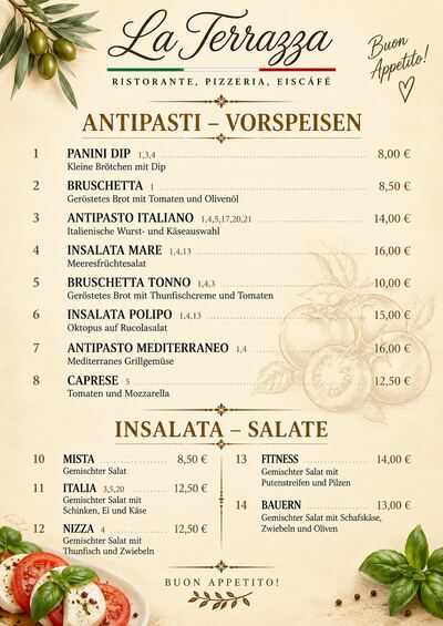 Speisekarte La Terrazza Brackenheim, italienische Küche, erste Seite